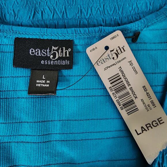 East 5th Womens Top Textured Stretch Blue Blouse Short Sleeve Round Neck Large - Picture 6 of 8